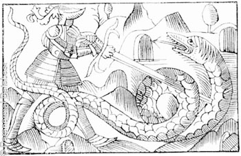 Dragon being slain by a knight.